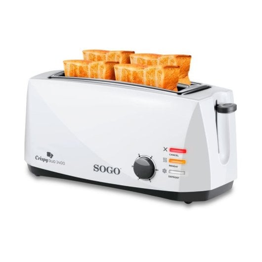 Sogo 2-Schlitz-Langtoaster, 1400W, weiß, Drehregler, Aufwärm- und Auftaufunktion