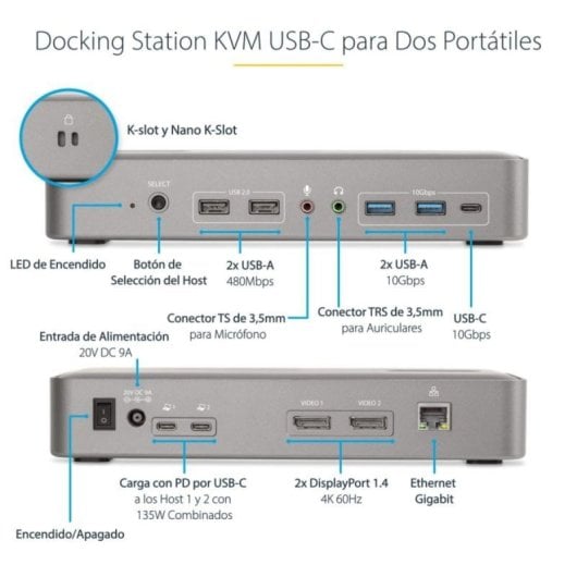 Docking Station StarTech KVM USB-C 2 Monitore 4K 60Hz PD 90/45W Ethernet USB 3.2 Gen 2