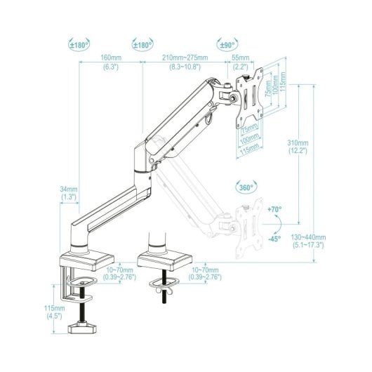 TooQ Monitorhalterung Gasfeder Schwarz Edelstahl 13-34″ 10kg 360° Drehung