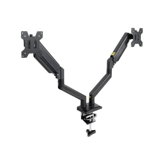 Suporte de mesa TooQ com ecrã duplo, giratório 360°, mola a gás, aço, preto