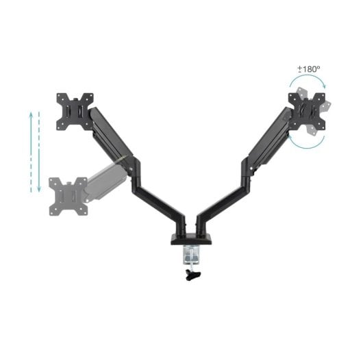 Suporte de mesa TooQ com ecrã duplo, giratório 360°, mola a gás, aço, preto