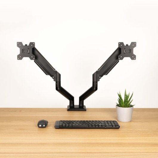 Suporte de mesa TooQ com ecrã duplo, giratório 360°, mola a gás, aço, preto