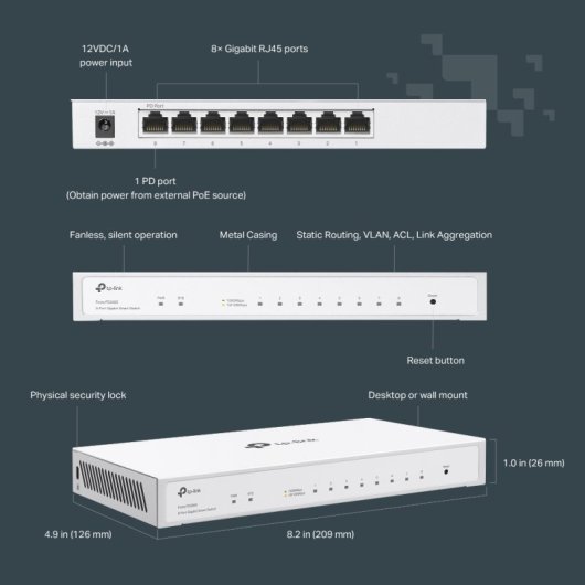 Switch TP-Link 8 Puertos Gigabit Intel, Gestionado, PoE, Sin Ventilador, Blanco