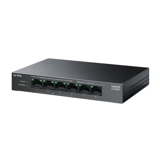 Switch TP-Link 6 puertos Fast Ethernet 4 PoE 47,76W sin ventilador QoS montaje pared