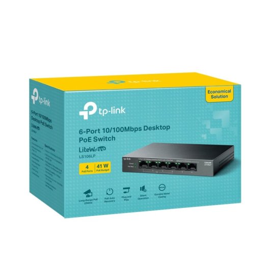 Switch TP-Link 6 puertos Fast Ethernet 4 PoE 47,76W sin ventilador QoS montaje pared