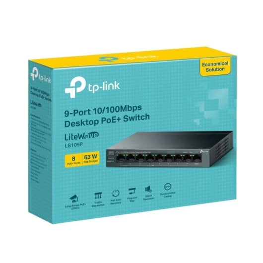 Switch TP-Link 9 Puertos Fast Ethernet 8 PoE+ 73.24W Sin Ventilador QoS Muro