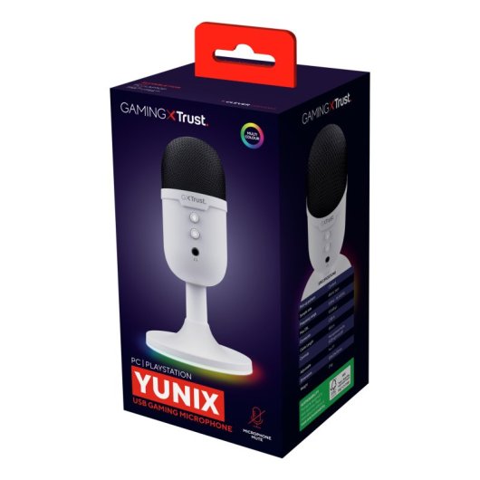 Micrófono Trust Yunix USB cardioide compacto RGB mute salida auriculares blanco