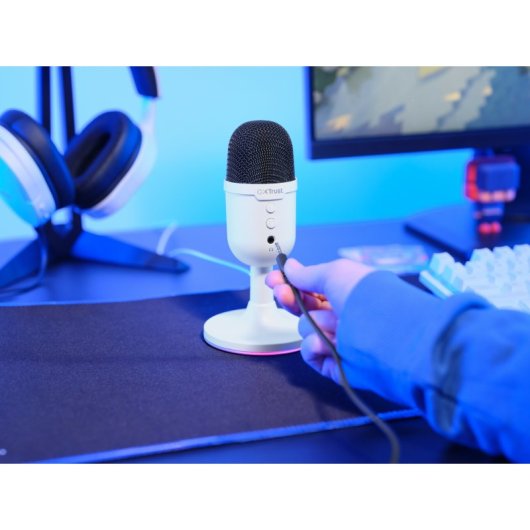 Micrófono Trust Yunix USB cardioide compacto RGB mute salida auriculares blanco