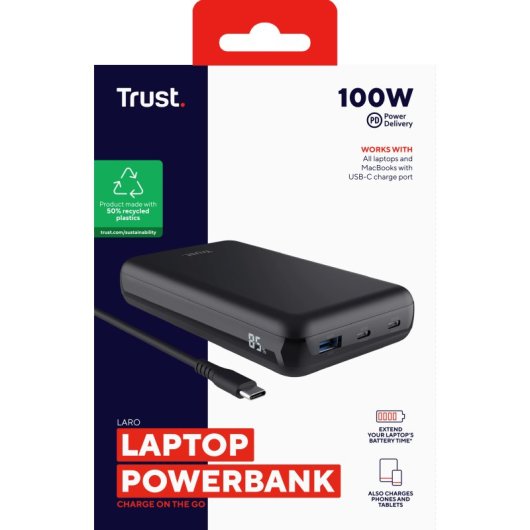 Trust Laro 100W externer Akku 2x USB-C 1x USB-A Schnellladung recycelter Kunststoff