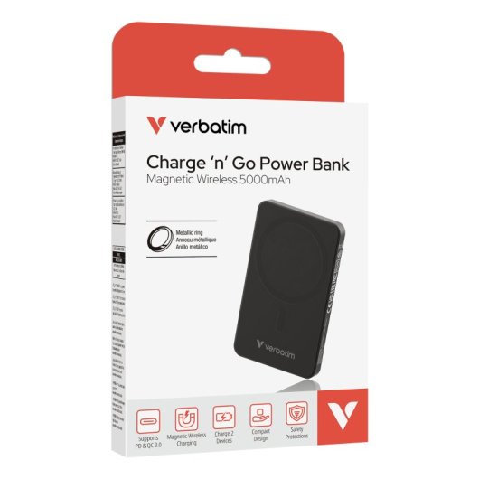 Power Bank Verbatim 5000 mAh Slim Carga Rápida MagSafe 20W USB-C Inalámbrico Negro