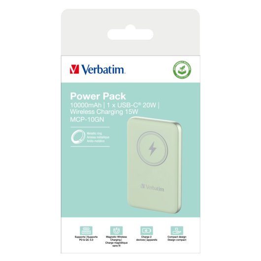 Batería externa Verbatim Charge ?n? Go 10000 mAh Verde Quick Charge 3.0 MagSafe Inalámbrica