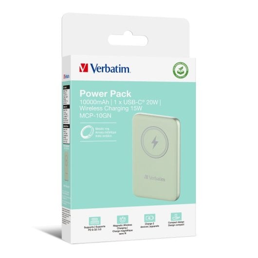 Batería externa Verbatim Charge ?n? Go 10000 mAh Verde Quick Charge 3.0 MagSafe Inalámbrica