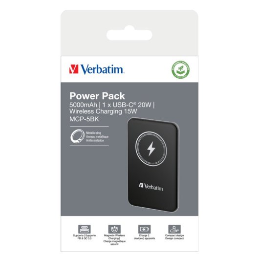 Batería externa Verbatim Charge ?n? Go 5000mAh MagSafe Quick Charge 3.0 20W Negro
