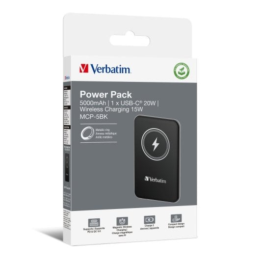 Batería externa Verbatim Charge ?n? Go 5000mAh MagSafe Quick Charge 3.0 20W Negro