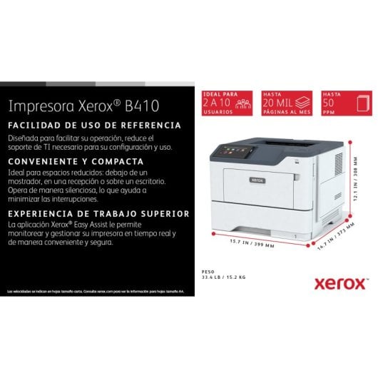 Impresora Láser Ethernet/Wi-Fi Xerox B410 dúplex automático LCD 4.3? impresión móvil