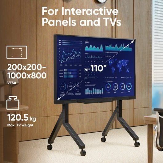 Meuble TV Onkron à roulettes 70-110 pouces - Support TV et tableau blanc interactif noir, 120,5 kg - Support TV et tableau blanc interactif avec VESA max. 1000x800 / TS2081-B