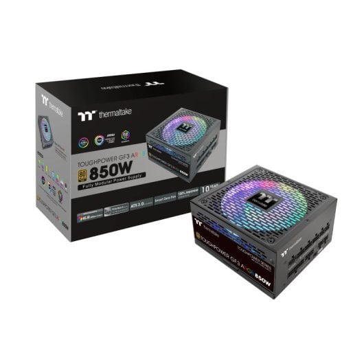 Alimentation Thermaltake 850 W 80 PLUS Gold Toughpower GF3 ARGB avec options ARGB, 5 cartes PCIe et gestion des câbles intégrée