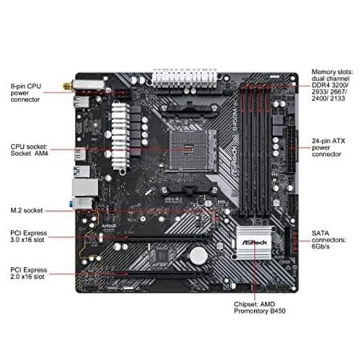 Carte mère Asrock B450 AMD B450M/ac R2.0 AM4 Micro ATX Wi-Fi HDMI DVI-D RAID CrossFireX