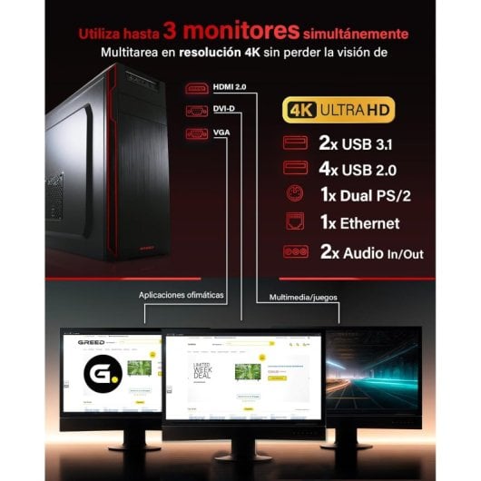 Ordinateur de bureau GREED Ultra V2 Ryzen 7 5700G 32 Go 1 To SSD 1 To HDD Windows 11 WiFi 6