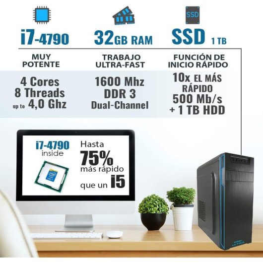PC Sobremesa GREED Ultra Intel Core i7-4790 32GB 1TB SSD 1TB HDD Windows 11 Pro WiFi 6