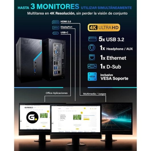 Ordinateur de bureau GREED Nano Plus, Intel Celeron G5905, 8 Go, SSD 256 Go, Windows 11 Pro, Wi-Fi 5