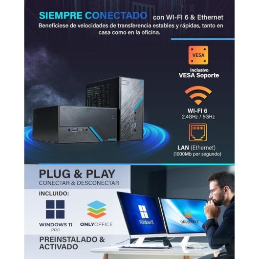 Ordinateur de bureau GREED Nano Plus, Intel Celeron G5905, 8 Go, SSD 256 Go, Windows 11 Pro, Wi-Fi 5