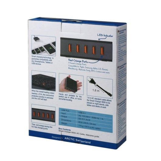 Caricabatterie intelligente ARCTIC 8000 EU 5 USB 8000mA Caricabatterie protezione totale Interno Nero