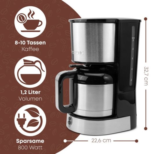 Cafetera de Filtro Clatronic KA 3805 1,2L Termo Inox Protección Antigoteo 800W Parada Automática