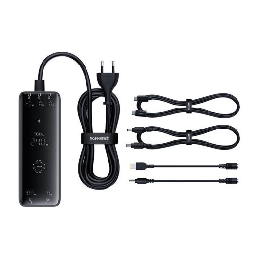 Baseus GaN 3C+U+DC 240W Caricabatterie rapido intelligente da tavolo + Cavo DC-DC 240W 1m Nero