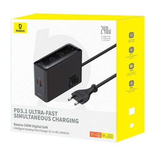 Baseus GaN 3C+U+DC 240W Caricabatterie rapido intelligente da tavolo + Cavo DC-DC 240W 1m Nero