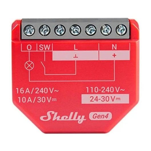 Relais Wi-Fi Shelly 1PM Vermelho Connectivité Wi-Fi Bluetooth Zigbee Suivi de l'énergie, Protection contre les surcharges
