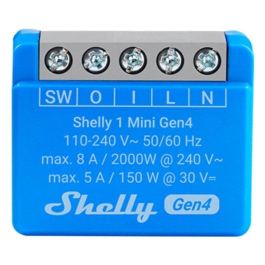 Relais Wi-Fi Shelly 1 Mini Gen4 Multiprotocole Bluetooth Zigbee Matter Contrôle de l’éclairage, Suivi de l’énergie, Encastrable, Protection contre la surchauffe