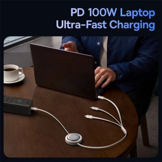 Baseus Free2Draw Cabo Retrátil 3-em-1 USB-C/Lightning/MicroUSB 100W 1.1m Branco