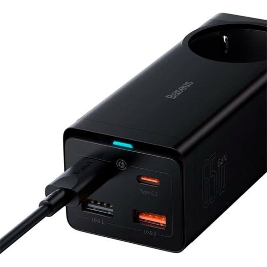 Cargador Baseus GaN3 Pro PSZM000901 65W 2x USB-C 2x USB-A Toma AC Protección Avanzada Negro