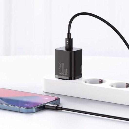 Cargador USB-C Baseus 1C Super Si 20W con carga rápida y cable Lightning 1M Negro