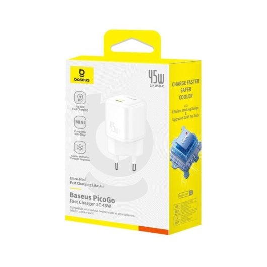 Baseus PicoGo GaN Caricabatterie Ultra-Mini 45W Bianco USB-C Ricarica Rapida Compatto