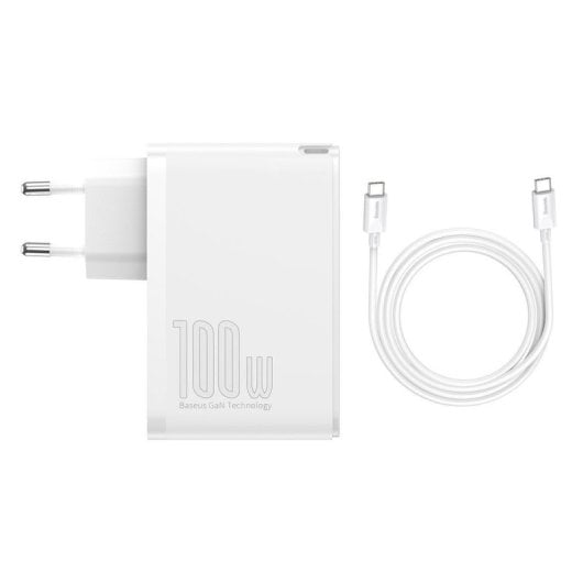Cargador Baseus GaN2 Pro 100W 2USB-C 2USB-A Blanco Carga Rápida con Cable 1M