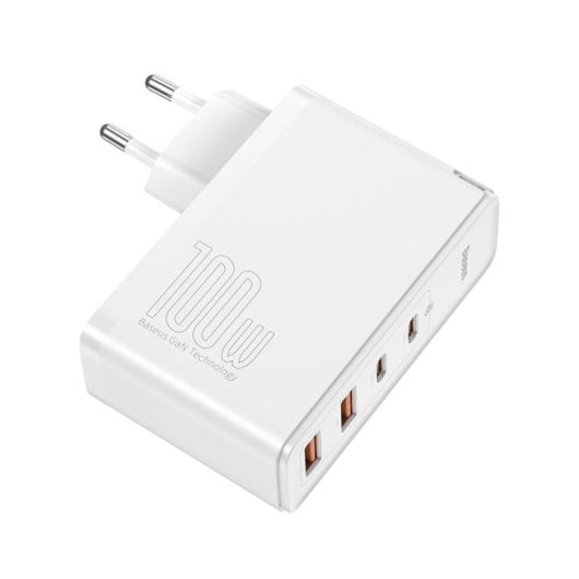 Cargador Baseus GaN2 Pro 100W 2USB-C 2USB-A Blanco Carga Rápida con Cable 1M