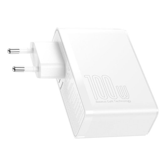 Cargador Baseus GaN2 Pro 100W 2USB-C 2USB-A Blanco Carga Rápida con Cable 1M