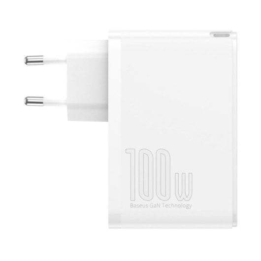 Cargador Baseus GaN2 Pro 100W 2USB-C 2USB-A Blanco Carga Rápida con Cable 1M