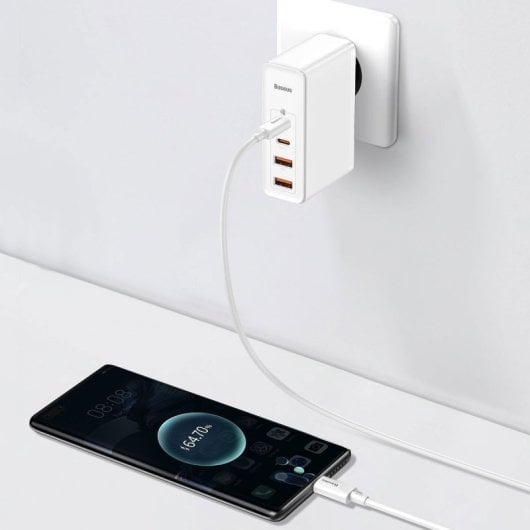 Cargador Baseus GaN2 Pro 100W 2USB-C 2USB-A Blanco Carga Rápida con Cable 1M