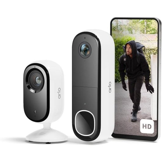 Caméra IP Arlo Essential 2 intérieure 2K + sonnette vidéo sans fil avec vision nocturne et Alexa