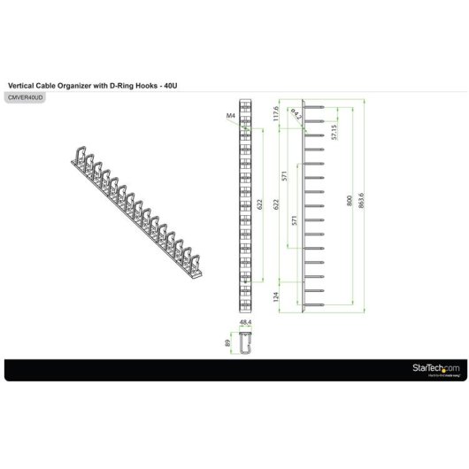 Panneau de gestion de câbles StarTech.com 0U 1,8 m avec anneaux en D pour racks 40U (CMVER40UD)