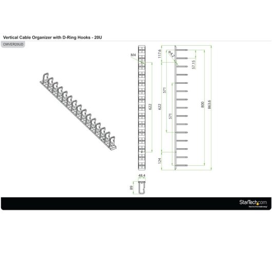 Panneau de gestion de câbles StarTech.com 91 cm 0U avec anneaux en D pour racks 20U et plus, modèle CMVER20UD