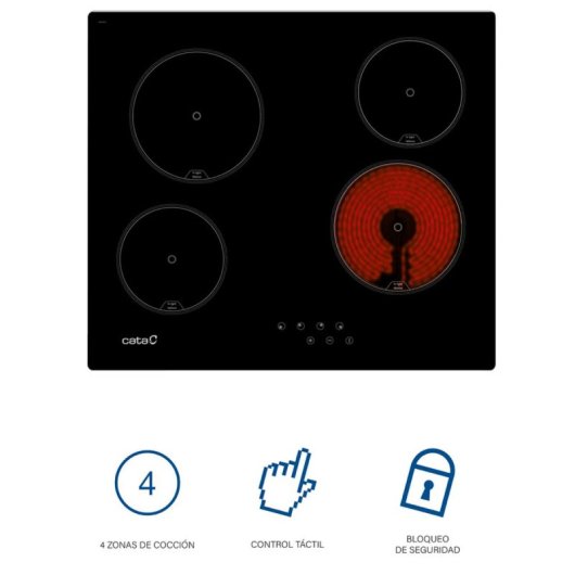 Placa vitrocerámica Cata TN 604/B 6000W 4 zonas control táctil bloqueo infantil