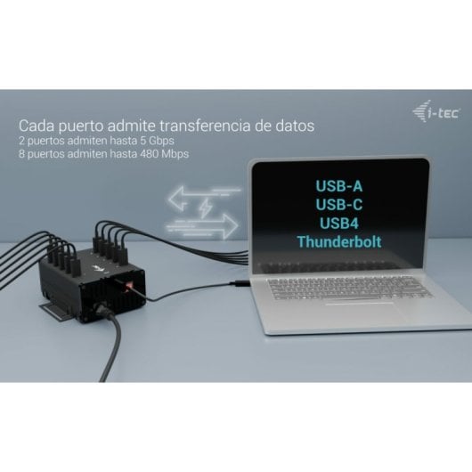 Hub in metallo i-tec a 10 porte USB-C 5 Gbps, ricarica da 15 W per porta, protezione avanzata