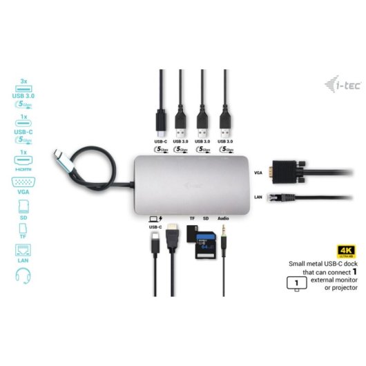 Docking Station USB-C i-tec Metal Travel Nano HDMI/VGA LAN 100W SD Plata