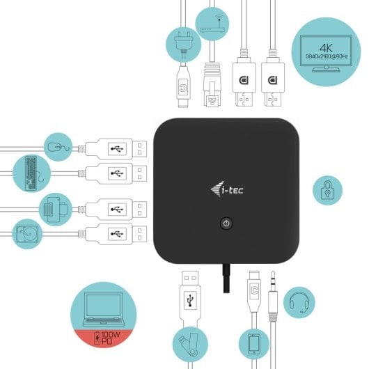 Estación de acoplamiento USB-C i-tec Dual Display Power Delivery 100W LAN 2x4K Negro