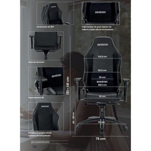 Infiniton GSEAT-MS Cadeira Gaming em Pele Sintética com Espuma Viscoelástica Máx.140kg Carbono