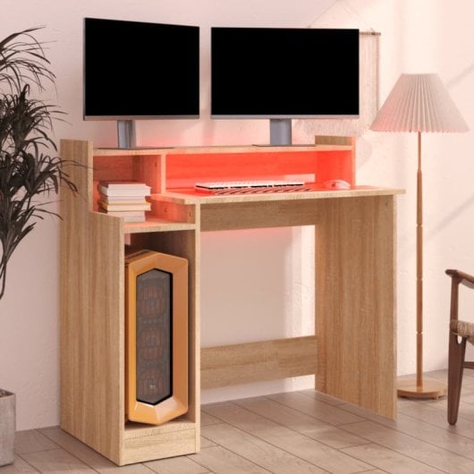 Escritorio vidaXL Campoamor madera contrachapada con LED y USB, diseño moderno, resistente humedad
